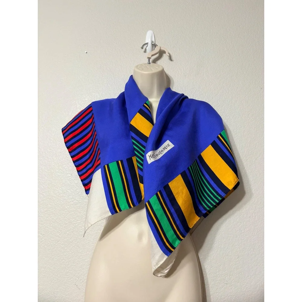 Vintage Yves Saint Laurent Silk Scarf Blue Striped Geometric Square 34in